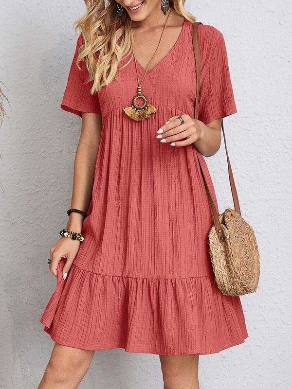 Casual V Neck Ruffles Dress red  |Crezy Line | High quality