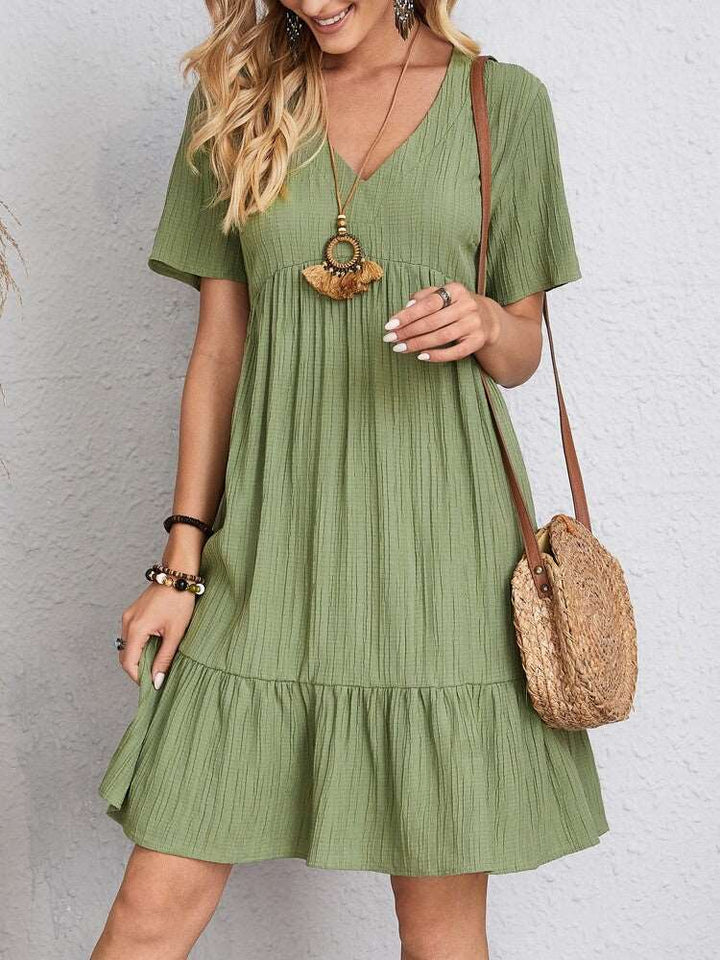 Casual V Neck Ruffles Dress green |Crezy Line | High quality