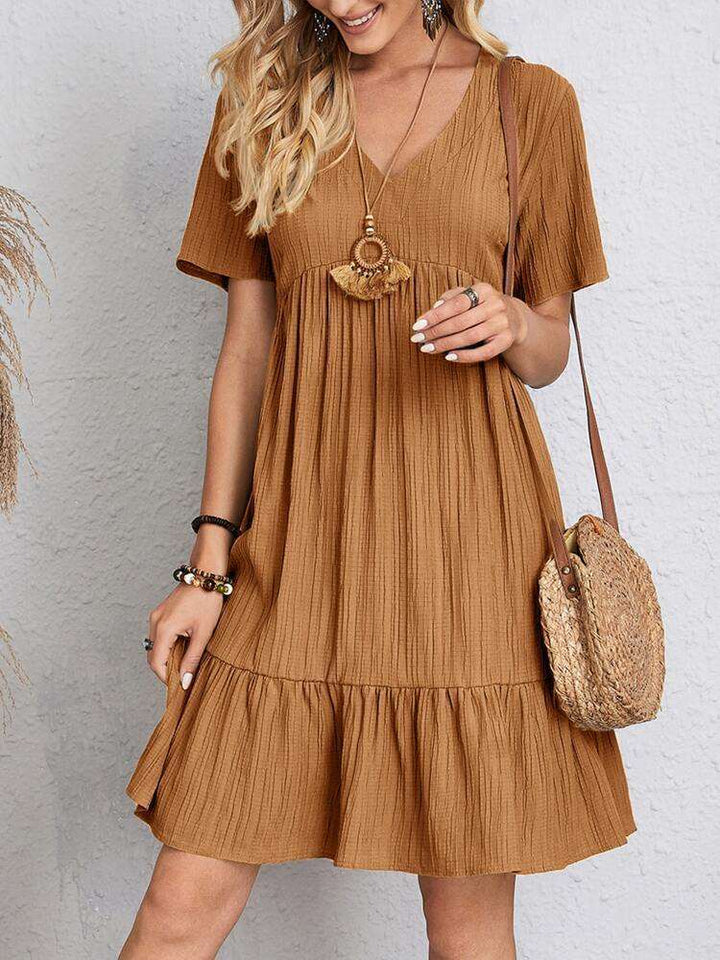 Casual V Neck Ruffles Dress brown  |Crezy Line | High quality