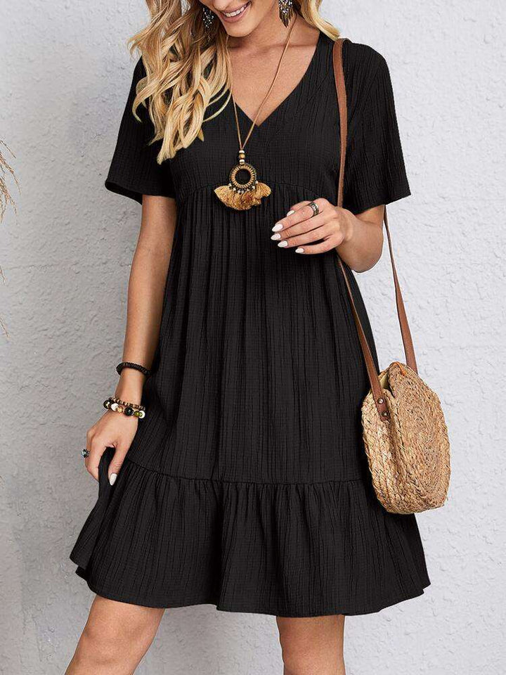 Casual V Neck Ruffles Dress black |Crezy Line | High quality