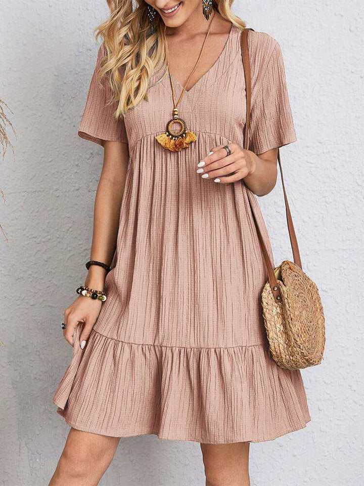 Casual V Neck Ruffles Dress pink  |Crezy Line | High quality