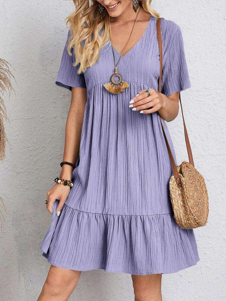 Casual V Neck Ruffles Dress purple |Crezy Line | High quality