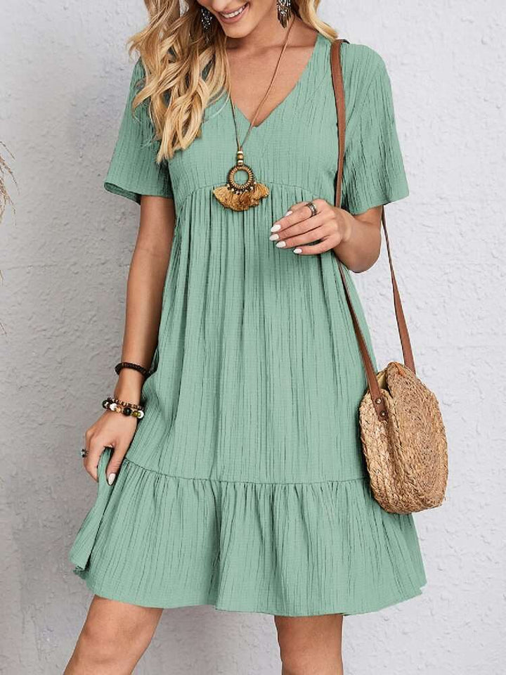 Casual V Neck Ruffles Dress light green |Crezy Line | High quality