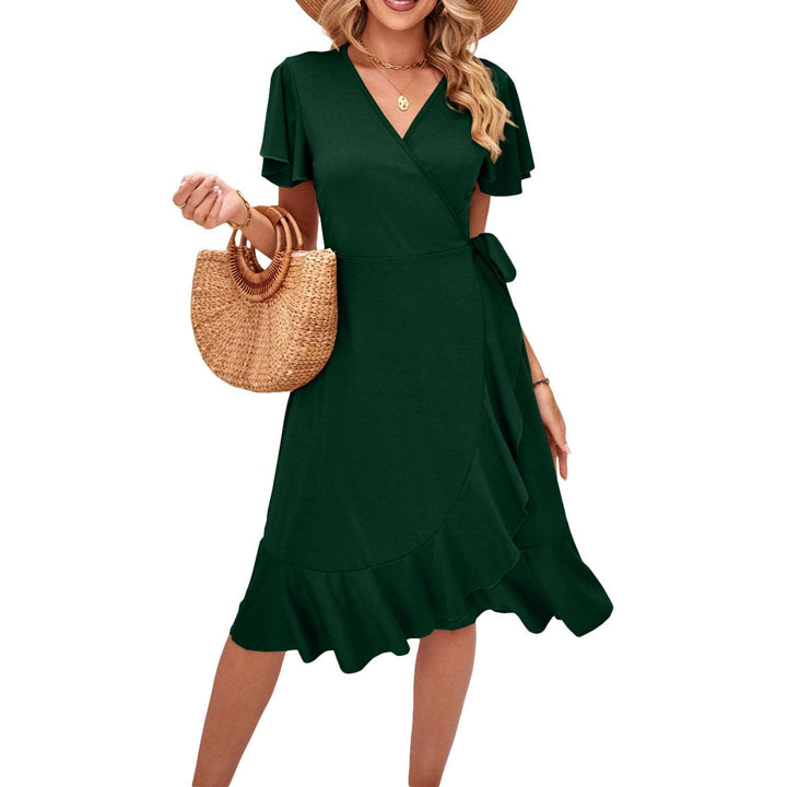 Cross V-neck Short-sleeved Dress green color |Crezy Line | High quality