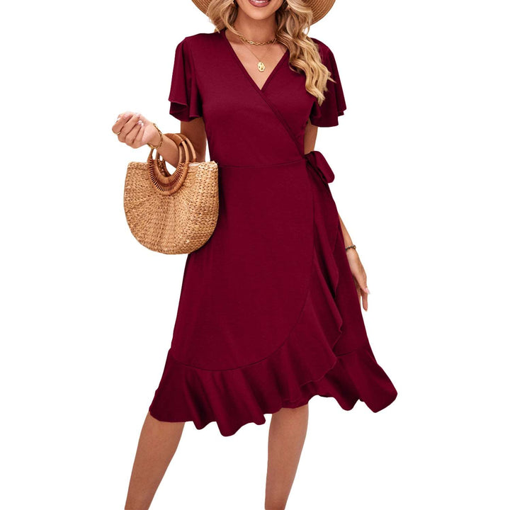 Cross V-neck Short-sleeved Dress wine red 