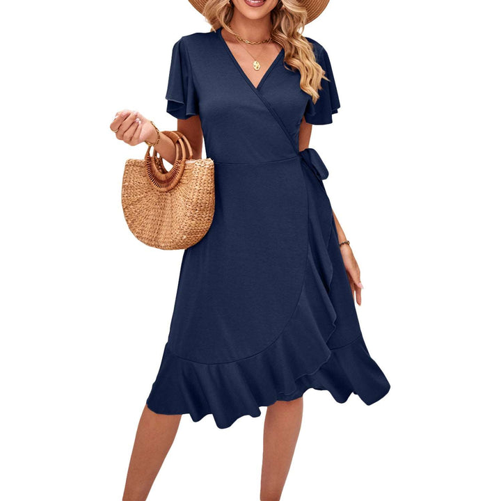 Cross V-neck Short-sleeved Dress, Navy Blue