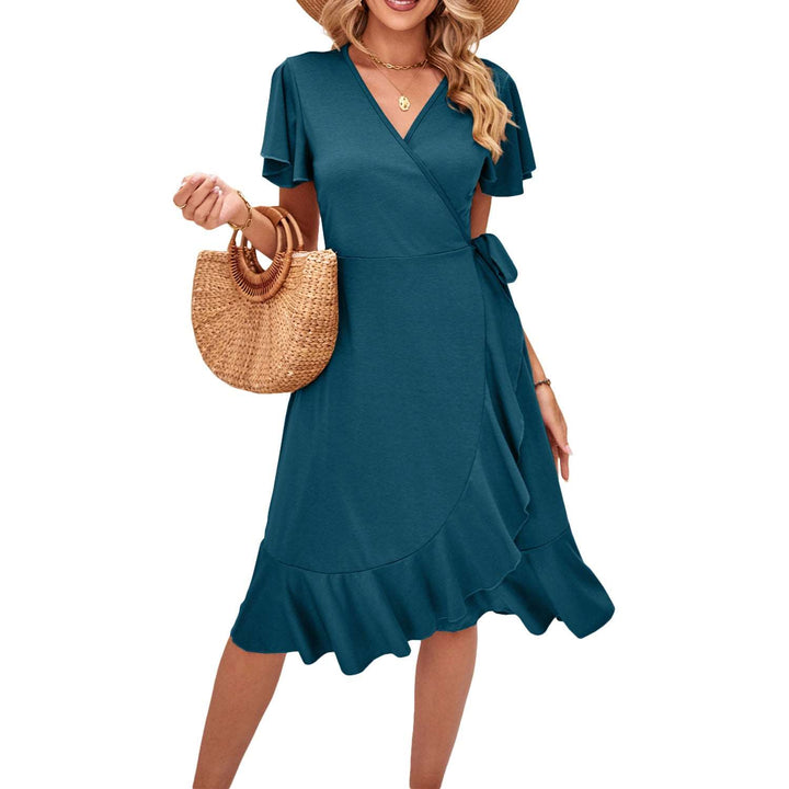 Cross V-neck Short-sleeved Dress, Peacock Blue