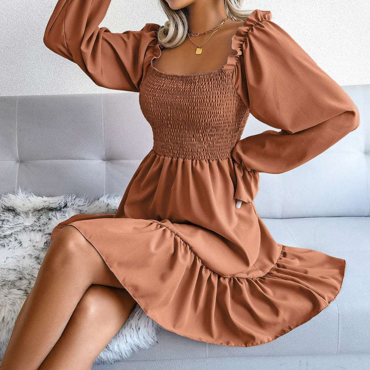 Long Sleeve Flare Dress - Square Neck