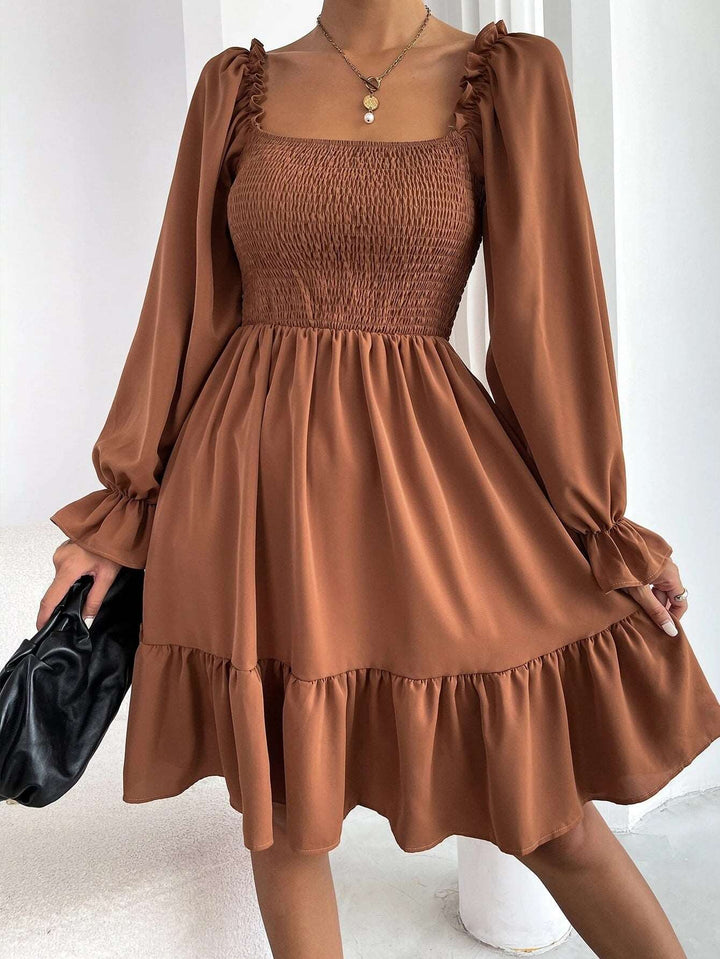 Long Sleeve Flare Dress - Square Neck