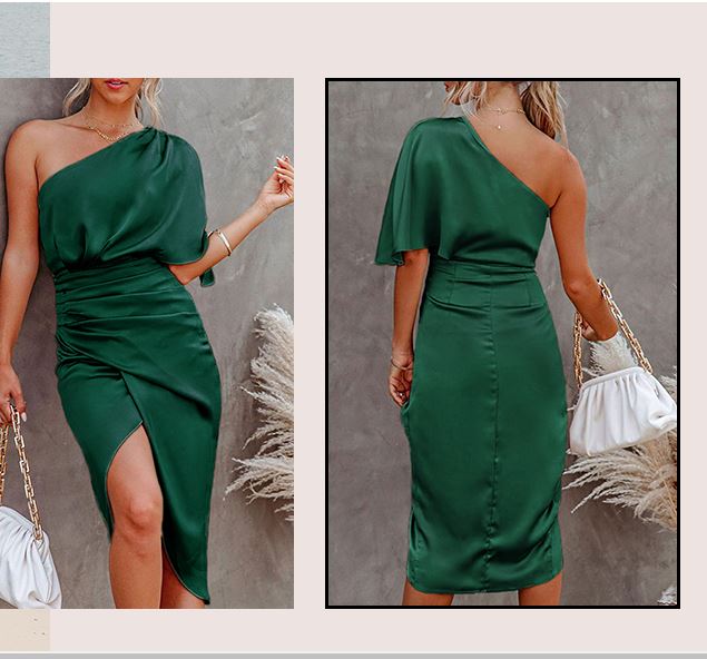 One-sided Sleeve Irregular Dress green color |Crezy Line | High quality