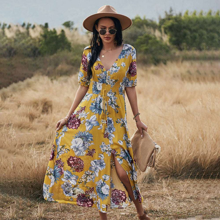 Floral V Neck Dress with Elastic Waist for Women |Crezy Line |