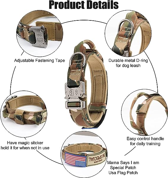  Tactical Dog Collar with 2 Patches. Crafted from high-quality 1680D nylon material, this military-inspired collar is designed for both style and functionality.