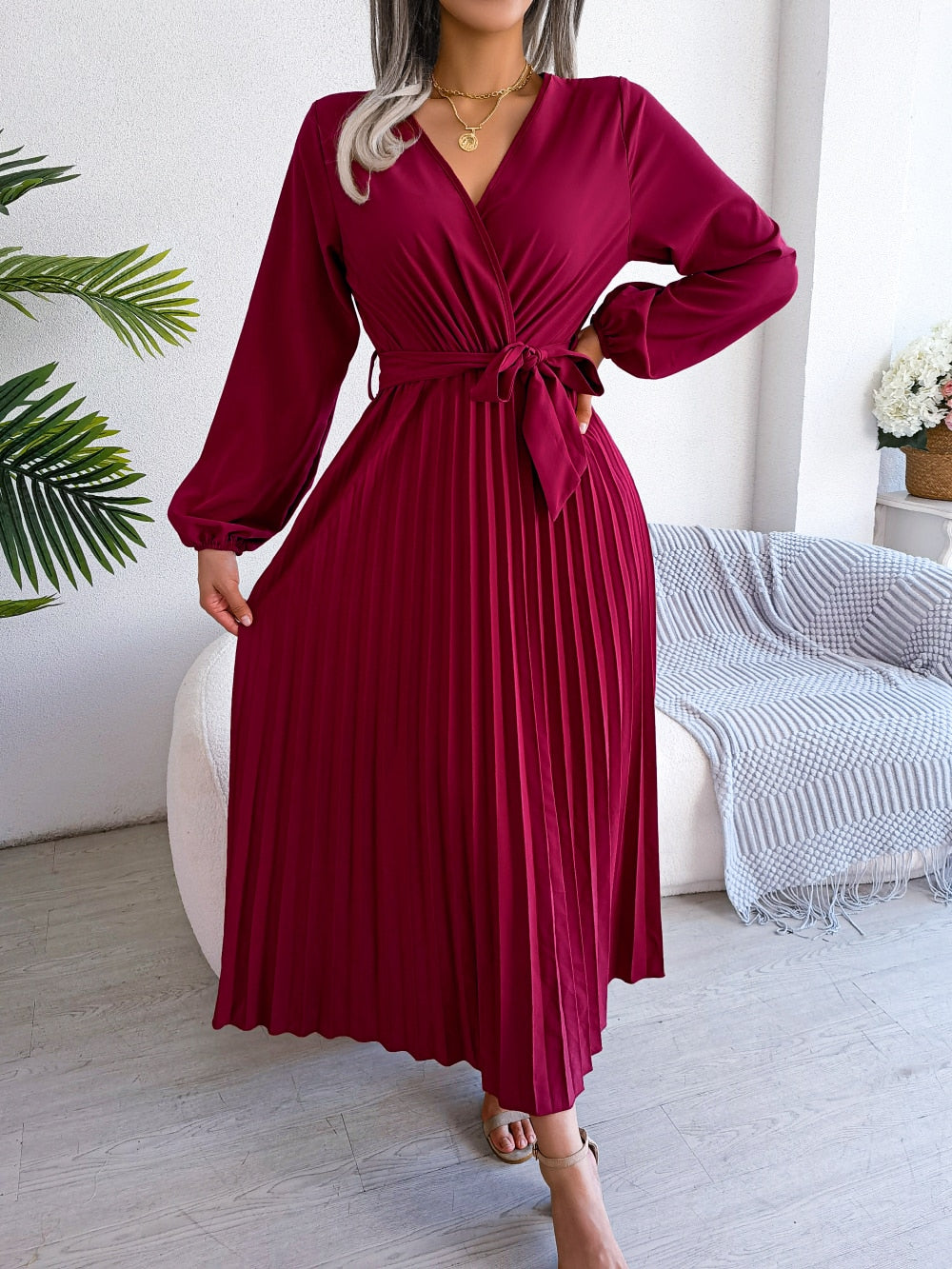 V Neck Large Hem Pleated Long Dress |Crezy Line | High quality – Crezy line