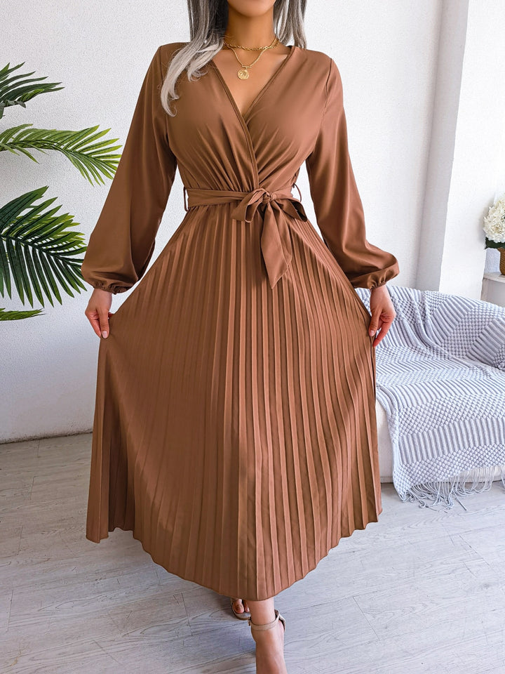 V Neck Large Hem Pleated Long Dress coffee color |Crezy Line | High quality