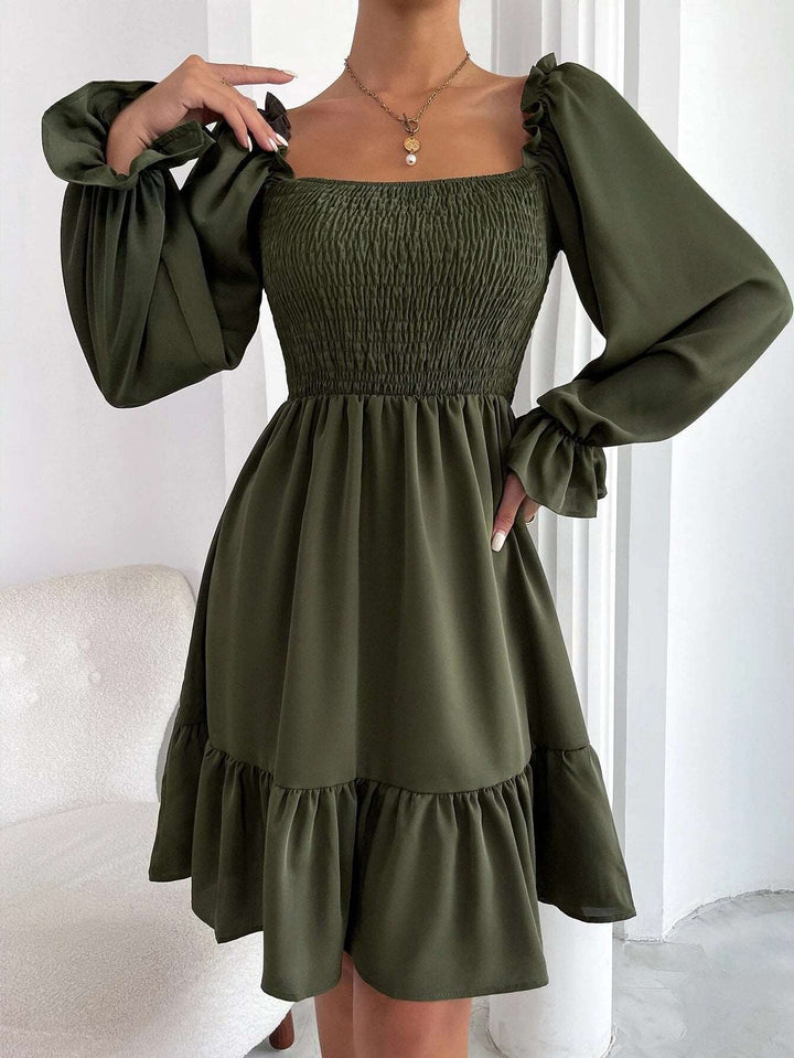 Long Sleeve Flare Dress - Square Neck