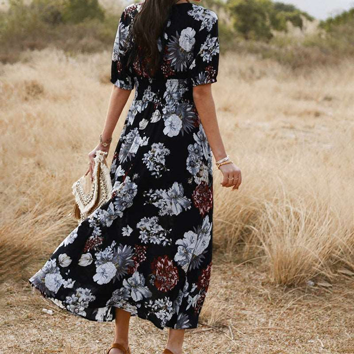 Floral V Neck Dress with Elastic Waist for Women |Crezy Line |