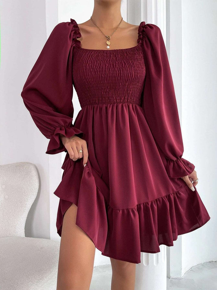 Long Sleeve Flare Dress - Square Neck