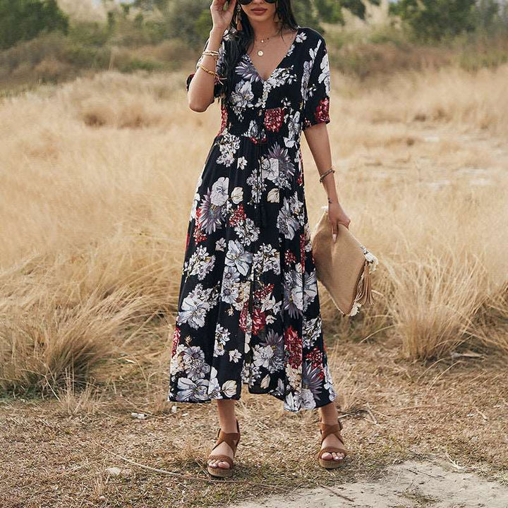 Floral V Neck Dress with Elastic Waist for Women |Crezy Line |