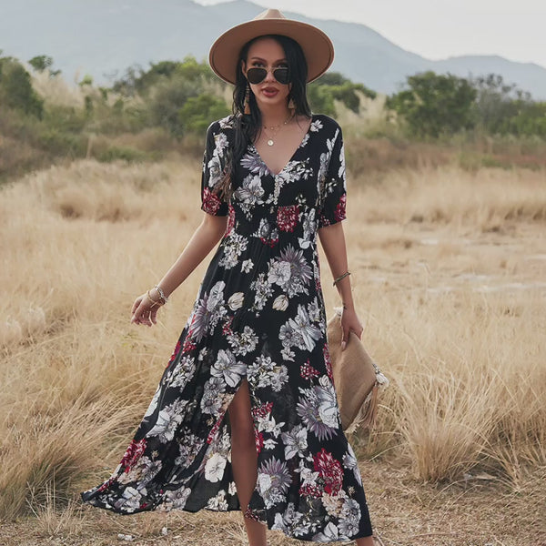 Floral V Neck Dress with Elastic Waist for Women |Crezy Line |