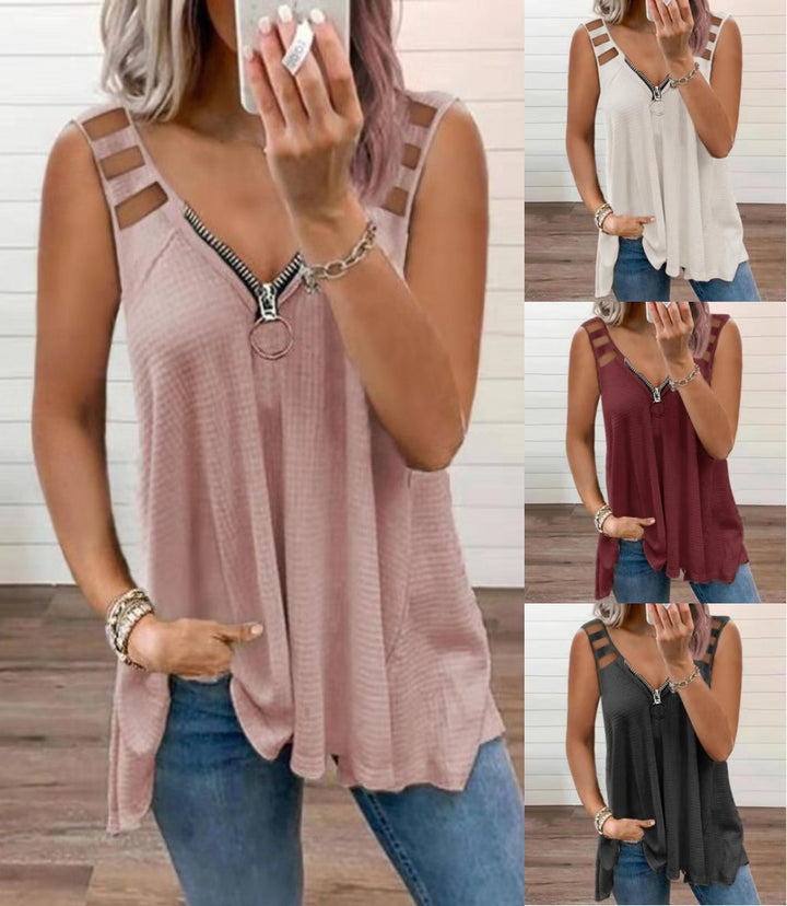 V Neck Zipper Sleeveless Vest Solid Color, high-quality polyester |Crezy Line | 