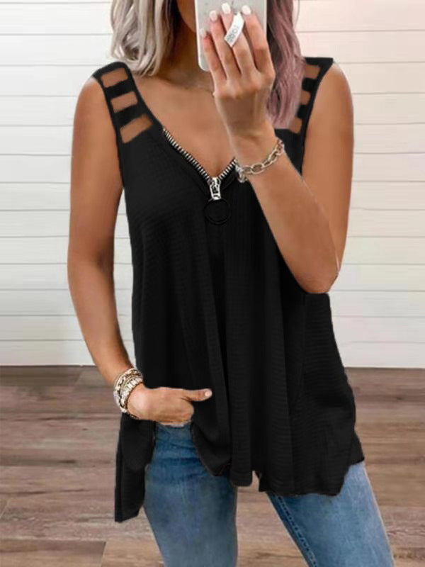 V Neck Zipper Sleeveless Vest Solid Color, high-quality polyester |Crezy Line | 