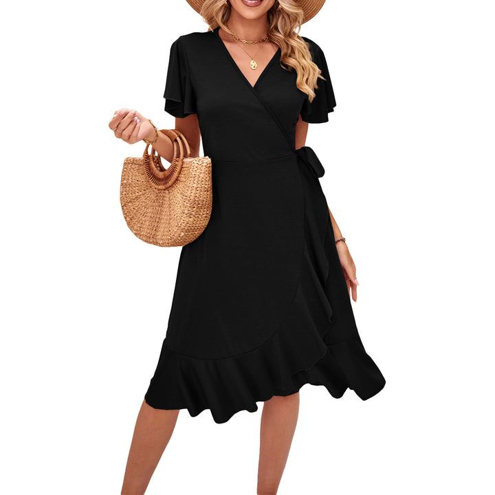 Cross V-neck Short-sleeved Dress  black color  |Crezy Line | High quality