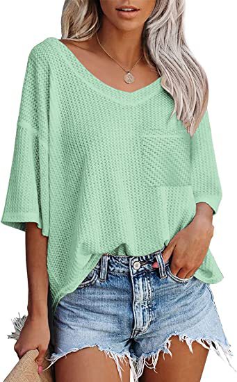 V-neck Shirts Women Short Sleeve Green Tops, White, lotus root, orange, light green, bright pink, navy blue  |Crezy Line | 