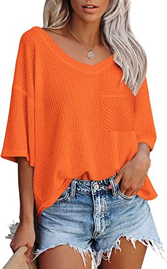 V-neck Shirts Women Short Sleeve Green Tops, White, lotus root, orange, light green, bright pink, navy blue  |Crezy Line | 