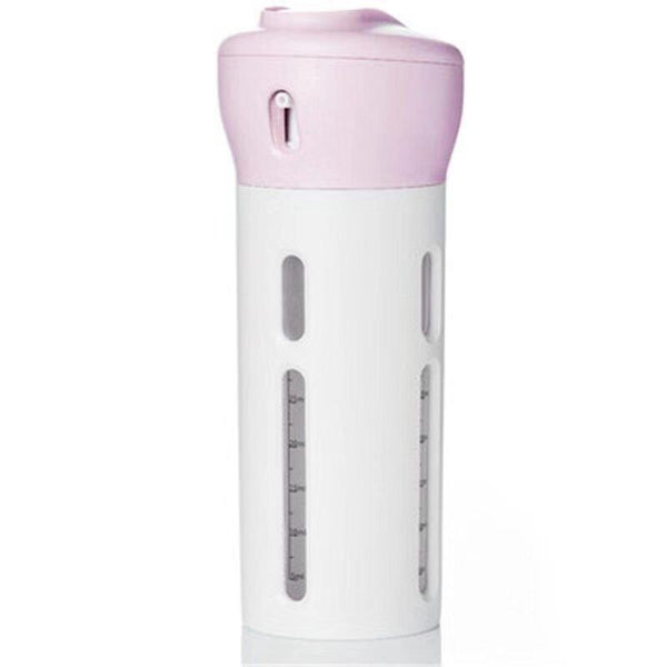 CHIVENIDO 2-Pack Travel Dispenser: 4-in-1 Lotion, Shampoo, Gel & Shower Bottles. (Pink+Gray)