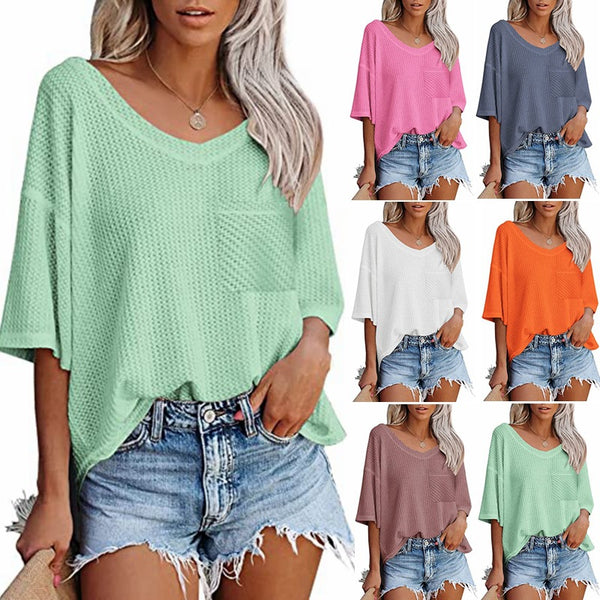 V-neck Shirts Women Short Sleeve Green Tops, White, lotus root, orange, light green, bright pink, navy blue  |Crezy Line | 